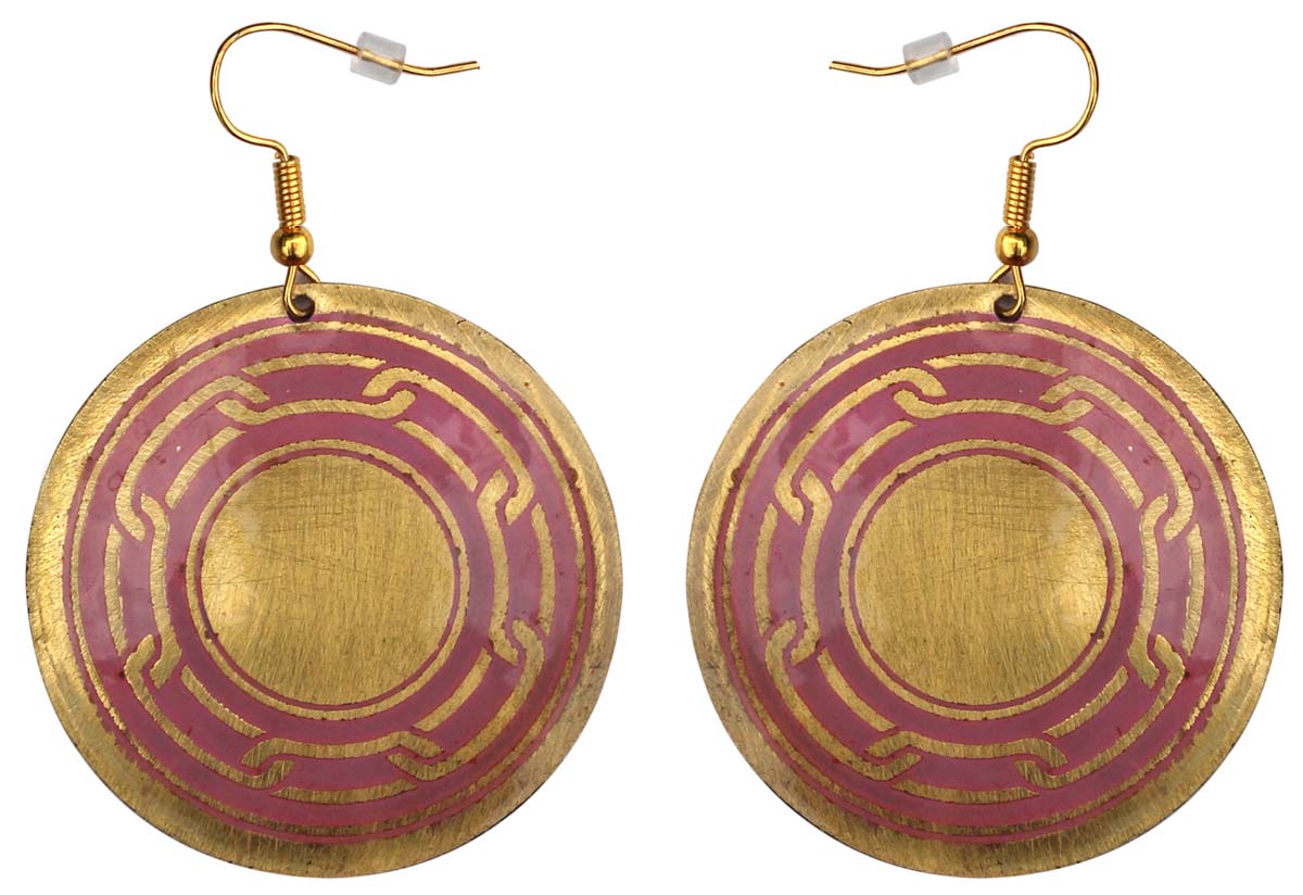 2.5” Pair of Round Hook Earrings in Brass - Ethnic Golden Pink Pattern - Drop Earrings / Women Fashion Jewelry - Buy in Bulk Wholesale